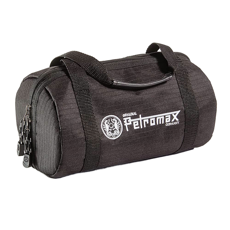 Black ripstop fabric transport bag with sturdy handles and zippered closure, designed to protect and carry fire kettle, featured in Kitchen & Food, Cookware, Cast Iron, and Best Sellers collections.
