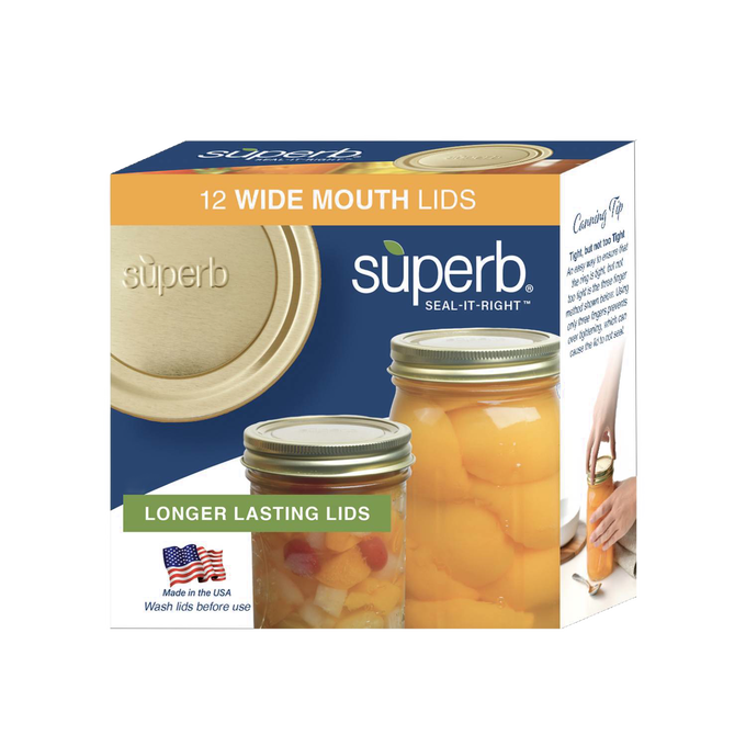 Packaging of 12 wide mouth canning jar lids embossed with "superb," featuring BluSeal™ integrity for secure, long-lasting sealing, made in USA, ideal for Kitchen & Food and Food Preservation collections.