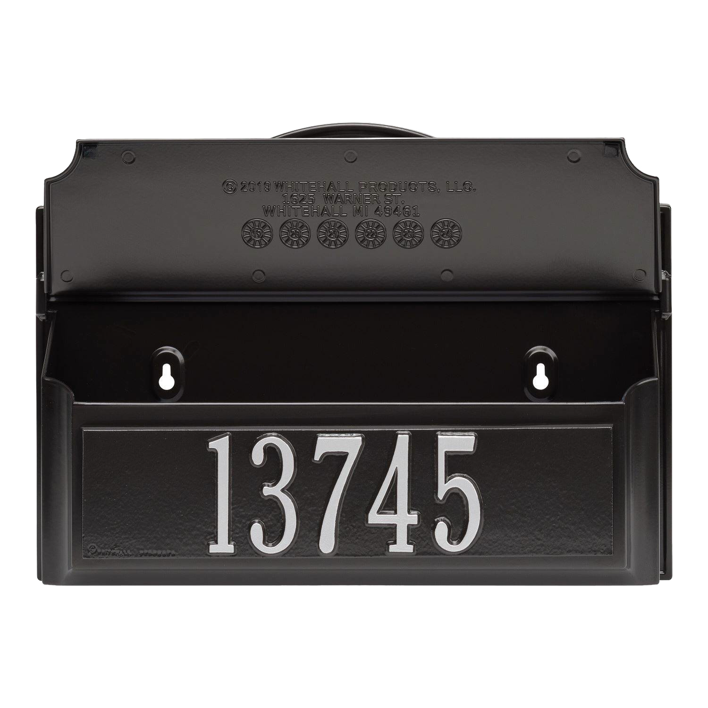 Handcrafted black and silver wall mount mailbox with raised white house number 13745, made in USA, enhancing curb appeal in Home & Decor and Mailboxes and Address Signs collections.