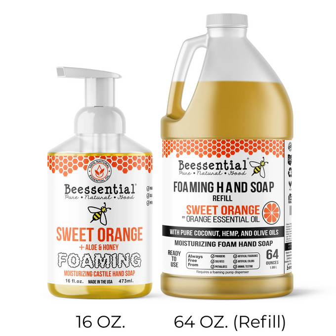 Two sizes of handcrafted moisturizing foaming hand soap with sweet orange essential oil, aloe, honey, and natural coconut, hemp, and olive oils, featured in Health & Wellness, Grooming and Personal Hygiene, Soaps, Soaps and Soapmaking, USA Made, Best Sellers, and Promo Eligible collections.