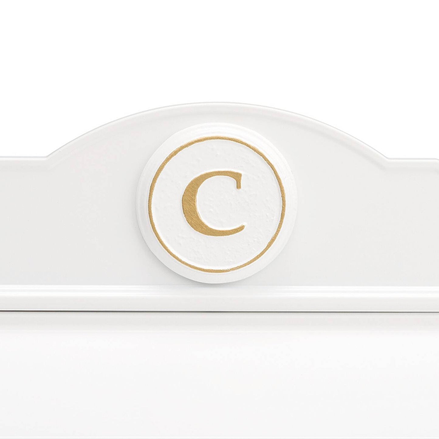 Detail of a handcrafted white and gold personalized mailbox monogram featuring the letter C, made in USA, perfect for enhancing curb appeal in Home & Decor and Mailboxes collections.