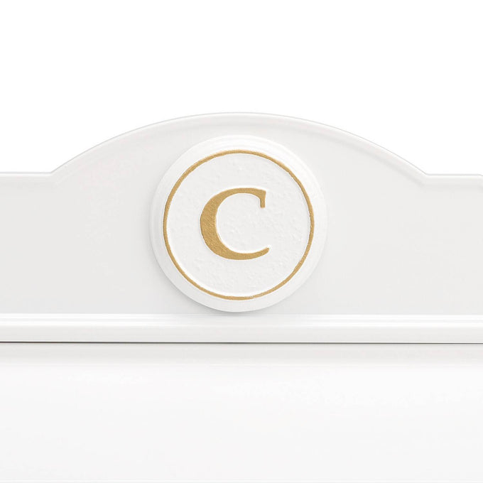 Detail of a handcrafted white and gold personalized mailbox monogram featuring the letter C, made in USA, perfect for enhancing curb appeal in Home & Decor and Mailboxes collections.