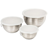 Set of three stainless steel mixing bowls with measurement markings inside and snap-on white plastic lids, designed for Kitchen & Food, Storage and Serving, Best Sellers, and Promo Eligible collections.