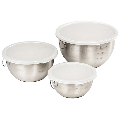 Set of three stainless steel mixing bowls with measurement markings inside and snap-on white plastic lids, designed for Kitchen & Food, Storage and Serving, Best Sellers, and Promo Eligible collections.