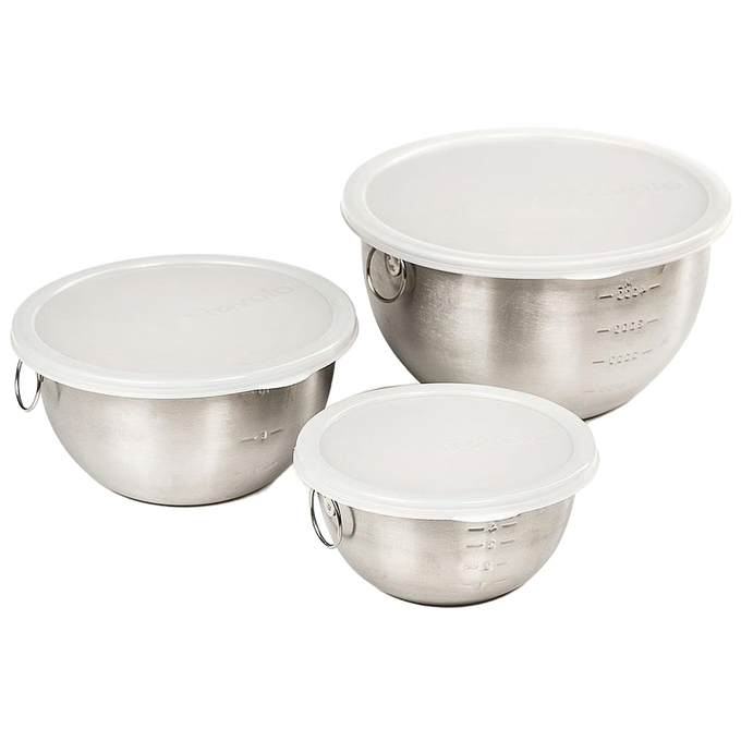 Set of three stainless steel mixing bowls with measurement markings inside and snap-on white plastic lids, designed for Kitchen & Food, Storage and Serving, Best Sellers, and Promo Eligible collections.