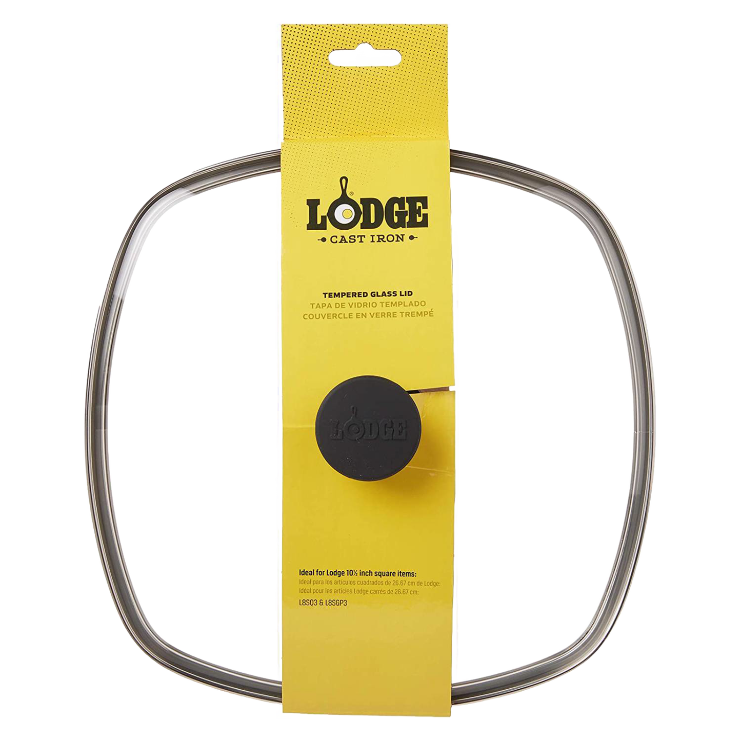 Square tempered glass lid with metal rim and black knob, designed for 10.5-inch cast iron skillets and grill pans, featured in Kitchen & Food, Cookware, Cast Iron, and Best Sellers collections.