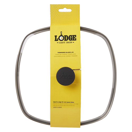 Square tempered glass lid with metal rim and black knob, designed for 10.5-inch cast iron skillets and grill pans, featured in Kitchen & Food, Cookware, Cast Iron, and Best Sellers collections.