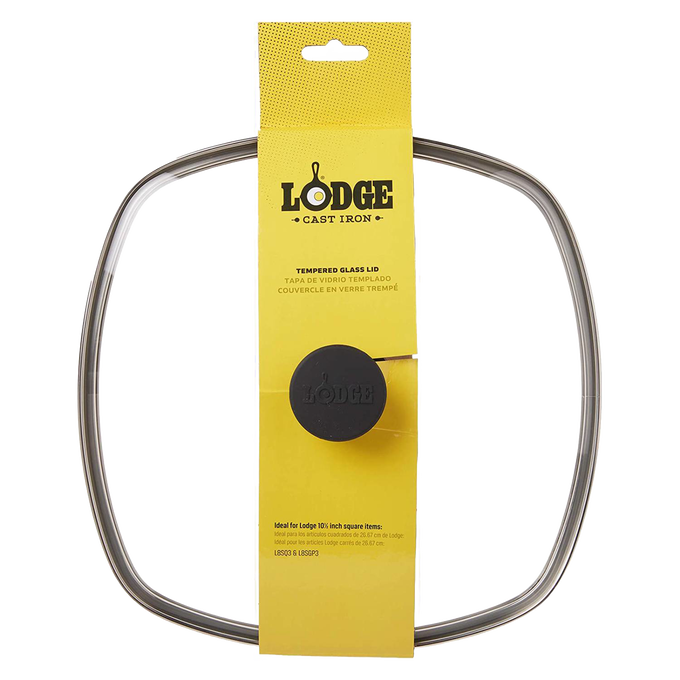 Square tempered glass lid with metal rim and black knob, designed for 10.5-inch cast iron skillets and grill pans, featured in Kitchen & Food, Cookware, Cast Iron, and Best Sellers collections.