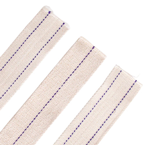 Three handcrafted flat cotton oil lamp wicks featuring fine purple stitching down the center, designed for fast fuel delivery and clean burning, ideal for Farm, Garden & Tool and Emergency Supplies collections.