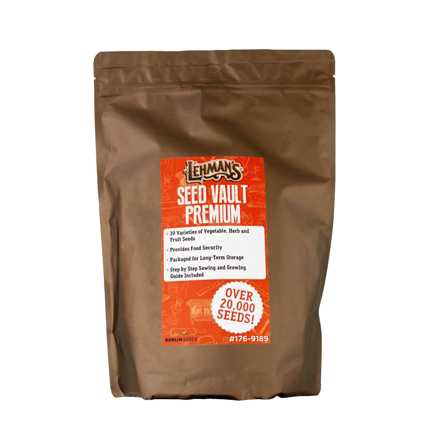 Brown resealable pouch containing Lehman's handcrafted seed vault kit with over 20,000 heirloom vegetable, herb, and fruit seeds, ideal for farm, garden, and planting enthusiasts, USA made and part of best sellers and promo eligible collections.