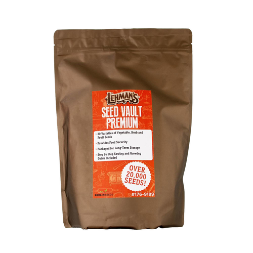Brown resealable pouch containing Lehman's handcrafted seed vault kit with over 20,000 heirloom vegetable, herb, and fruit seeds, ideal for farm, garden, and planting enthusiasts, USA made and part of best sellers and promo eligible collections.