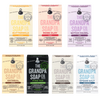 Seven vintage-style handcrafted soap boxes from a USA made Best Sellers collection, featuring natural ingredients like buttermilk, rose clay, witch hazel, oatmeal, pine tar, charcoal, and epsom salt for gentle skin care and grooming.