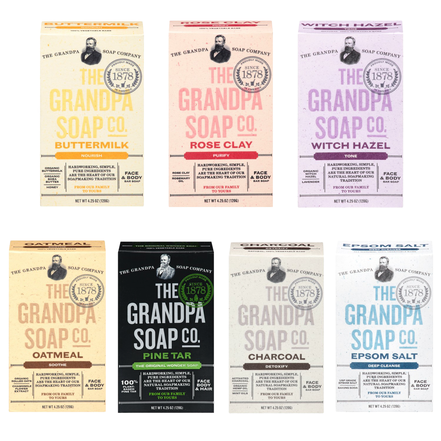 Seven vintage-style handcrafted soap boxes from a USA made Best Sellers collection, featuring natural ingredients like buttermilk, rose clay, witch hazel, oatmeal, pine tar, charcoal, and epsom salt for gentle skin care and grooming.