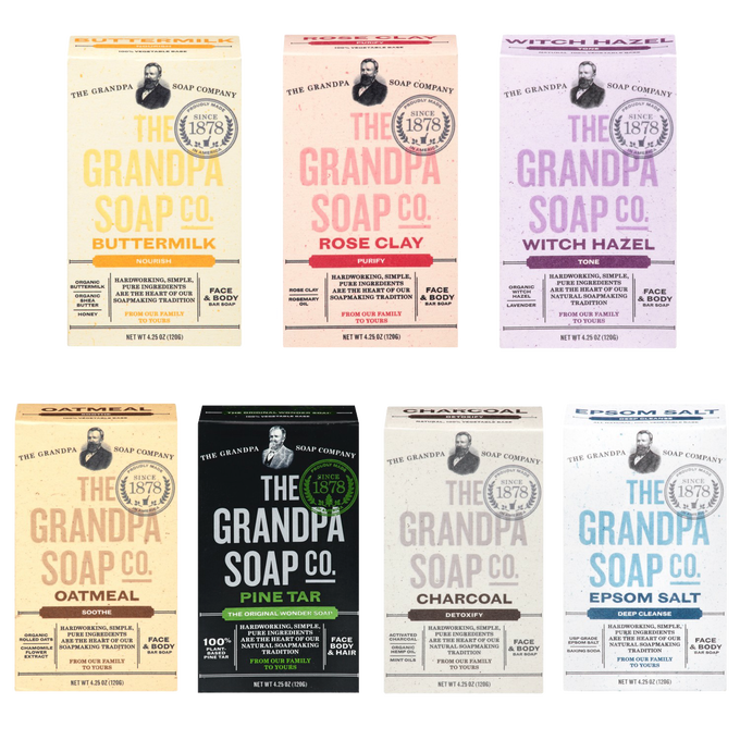 Seven vintage-style handcrafted soap boxes from a USA made Best Sellers collection, featuring natural ingredients like buttermilk, rose clay, witch hazel, oatmeal, pine tar, charcoal, and epsom salt for gentle skin care and grooming.