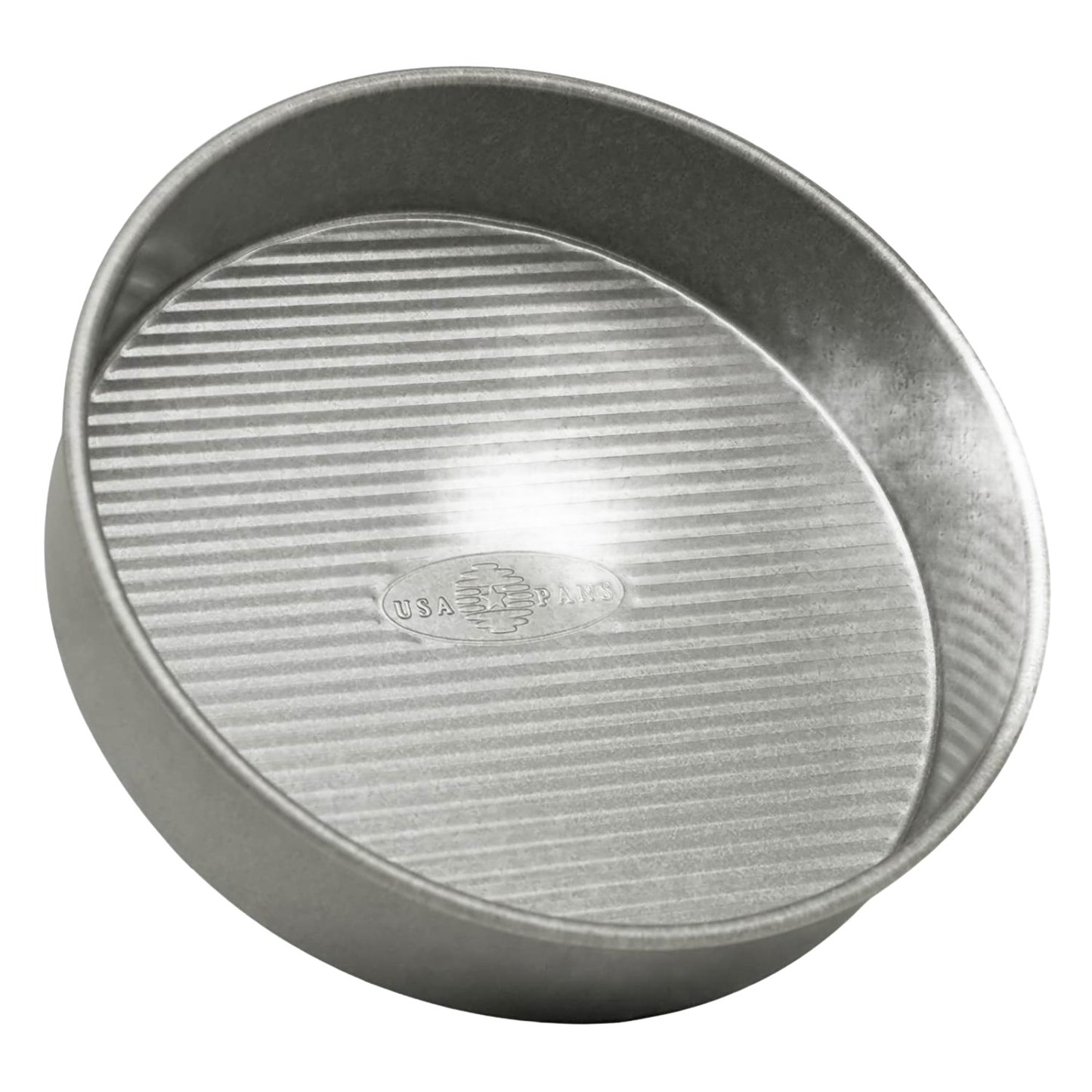 Round 9-inch aluminized steel cake pan with a unique fluted surface for even baking and nonstick performance, featured in Kitchen & Food and USA Made collections.