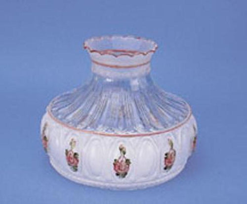 Handcrafted glass oil lamp shade with scalloped pink rim and delicate rose motifs encircling the base, designed for lamps with 10-inch Aladdin shade rings in Lamps & Lighting and Lamp Shades collections.