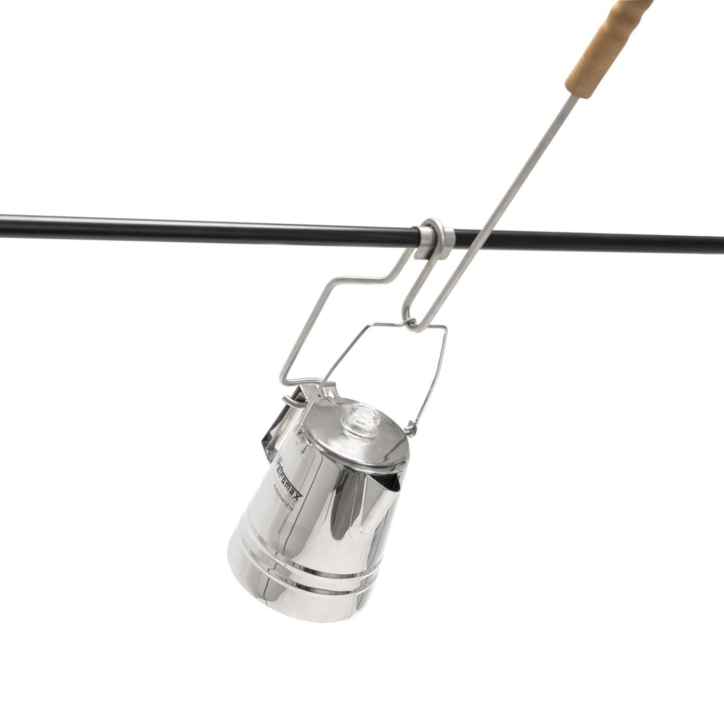 Polished metal pouring aid with wooden handle lifting a campfire percolator suspended over a rod, designed to serve hot coffee safely outdoors, ideal for Farm, Garden & Tool and Camping collections.