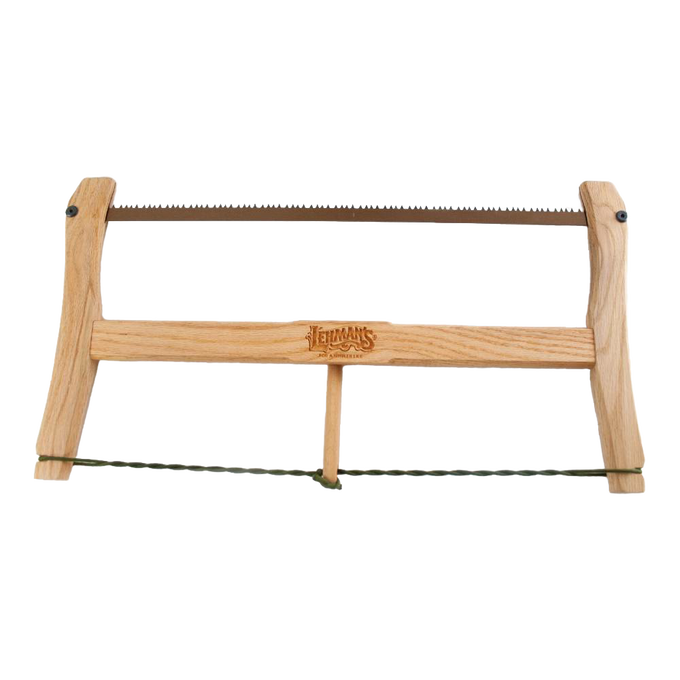 Wood-cutting bow saw with high-carbon steel blade and handcrafted wooden frame, designed for sustainable use and featured in Farm, Garden & Tool and Wood Cutting collections.
