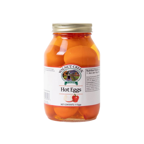 Glass jar of handcrafted hot pickled eggs in spicy red brine, locally made in USA and featured in Kitchen & Food, Food, Pantry, USA Made, and Best Sellers collections.