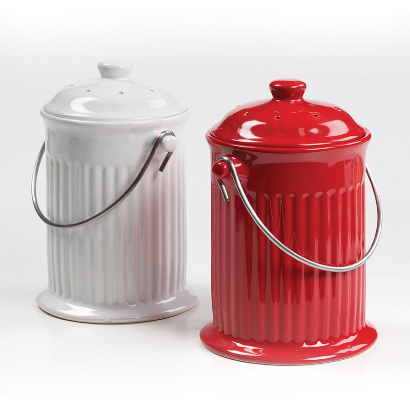 Pair of handcrafted ceramic compost keepers in glossy white and red finishes with stainless steel handles and built-in odor filters, ideal for Farm, Garden & Tool and Composting collections.