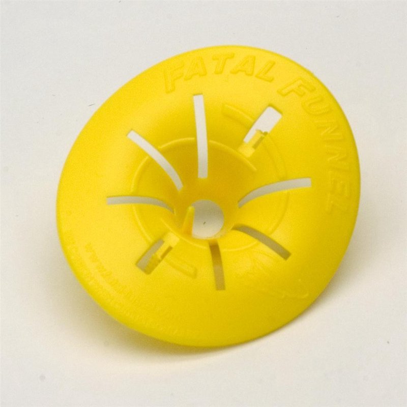 Bright yellow durable plastic wasp trap funnel designed for easy attachment to 2-liter bottles, ideal for pest control in garden, camping, and farm settings, made in USA.
