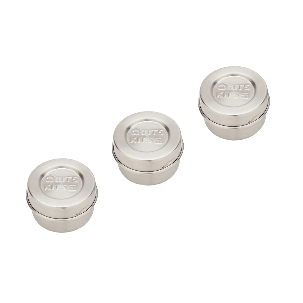 Three reusable stainless steel condiment containers with airtight silicone gaskets and lids, designed for kitchen storage and serving, featured in best sellers and promo collections.