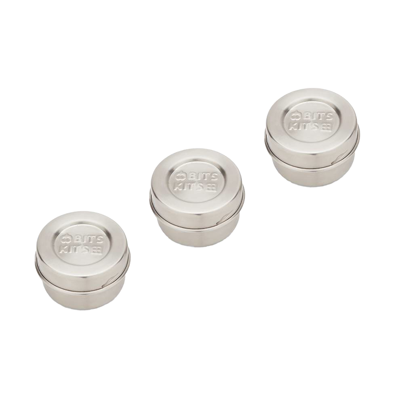Three reusable stainless steel condiment containers with airtight silicone gaskets and lids, designed for kitchen storage and serving, featured in best sellers and promo collections.