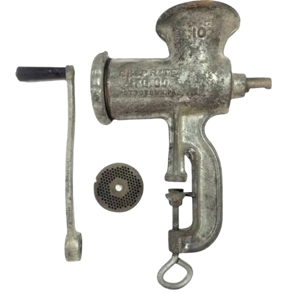 Handcrafted metal hand crank with wooden handle and metal grinding plate, designed for specialty kitchen and butchering equipment, made in USA, featured in Kitchen & Food, Specialty Equipment, Butchering Supplies, USA Made, Best Sellers, and Promo Eligible collections.