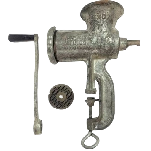 Handcrafted metal hand crank with wooden handle and metal grinding plate, designed for specialty kitchen and butchering equipment, made in USA, featured in Kitchen & Food, Specialty Equipment, Butchering Supplies, USA Made, Best Sellers, and Promo Eligible collections.