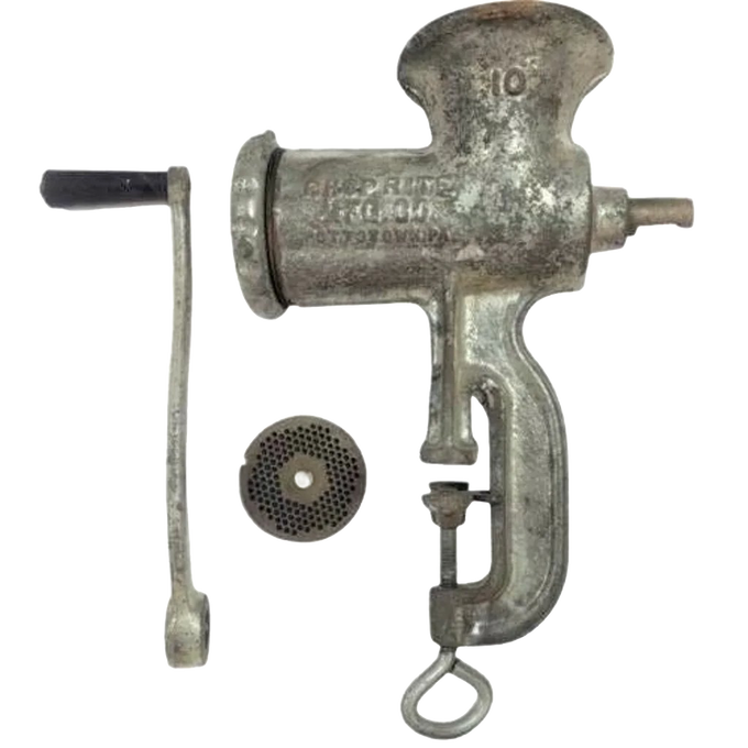 Handcrafted metal hand crank with wooden handle and metal grinding plate, designed for specialty kitchen and butchering equipment, made in USA, featured in Kitchen & Food, Specialty Equipment, Butchering Supplies, USA Made, Best Sellers, and Promo Eligible collections.
