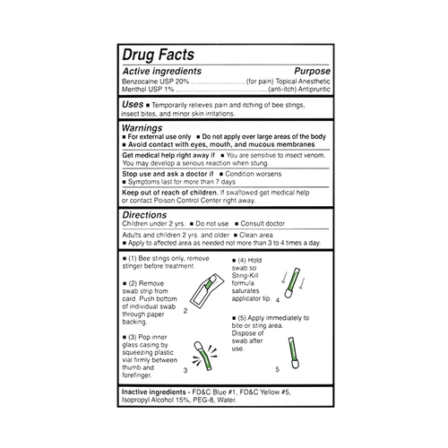 Close-up of drug facts and usage instructions for Sting Kill disposable swabs, showing ingredient details and application guidance, ideal for Health & Wellness and USA Made collections.