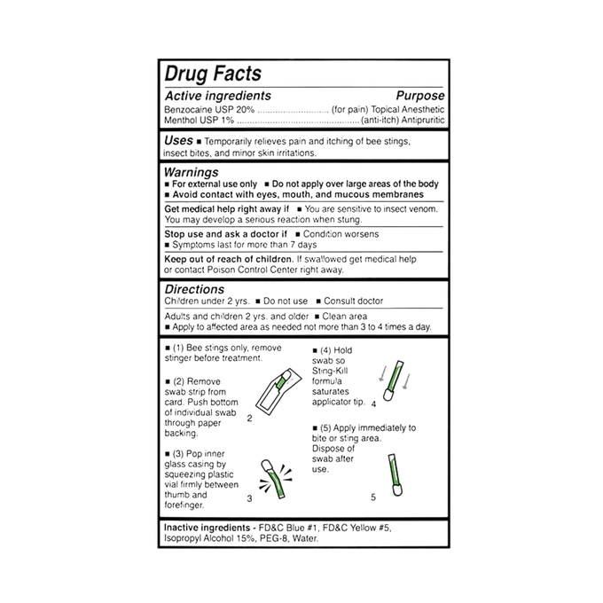Close-up of drug facts and usage instructions for Sting Kill disposable swabs, showing ingredient details and application guidance, ideal for Health & Wellness and USA Made collections.