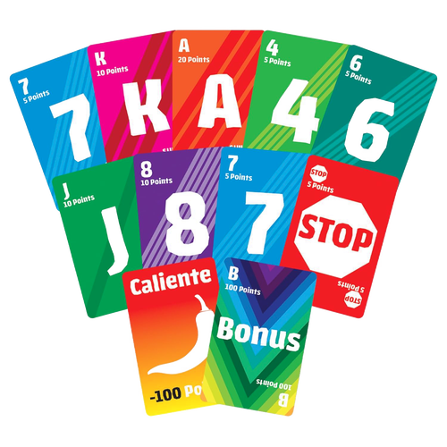 Brightly colored playing cards with point values and special Caliente and Bonus cards, designed for family fun in Toys, Games and Puzzles, and Best Sellers collections.