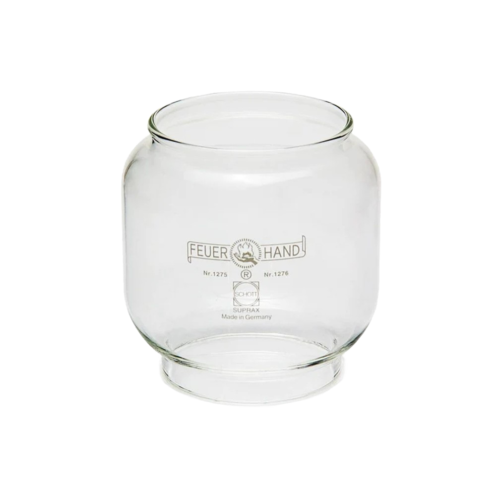 Clear replacement glass globe for lanterns, featuring durable design and marked branding, ideal for camping, emergency supplies, and outdoor lighting needs.