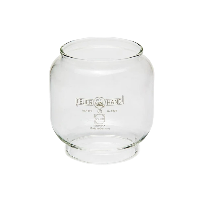 Clear replacement glass globe for lanterns, featuring durable design and marked branding, ideal for camping, emergency supplies, and outdoor lighting needs.