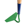 Close-up of a handcrafted green steel garden hoe blade with a wooden handle, featuring a sharply honed edge, part of Farm, Garden & Tool, Digging and Cultivating, USA Made, and Amish Made collections.