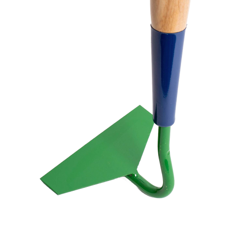 Close-up of a handcrafted green steel garden hoe blade with a wooden handle, featuring a sharply honed edge, part of Farm, Garden & Tool, Digging and Cultivating, USA Made, and Amish Made collections.