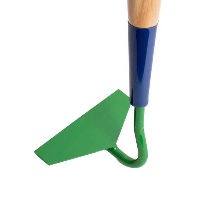 Close-up of a handcrafted green steel garden hoe blade with a wooden handle, featuring a sharply honed edge, part of Farm, Garden & Tool, Digging and Cultivating, USA Made, and Amish Made collections.