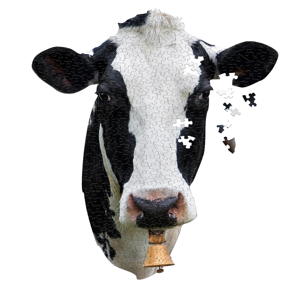 Partially assembled cow head-shaped jigsaw puzzle featuring a close-up black and white cow face with a bell, designed for children’s toys and games collections.