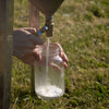 Handcrafted stainless steel cream separator valve dispensing fresh skim milk into a glass jar outdoors, part of Farm, Garden & Tool, Animal Care, USA Made, and Best Sellers collections.