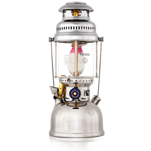 Classic stainless steel kerosene pressure lamp with glass globe and fabric mantle, designed for bright outdoor illumination in camping, emergency supplies, and farm tool collections.