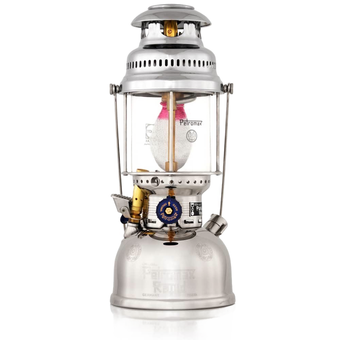 Classic stainless steel kerosene pressure lamp with glass globe and fabric mantle, designed for bright outdoor illumination in camping, emergency supplies, and farm tool collections.
