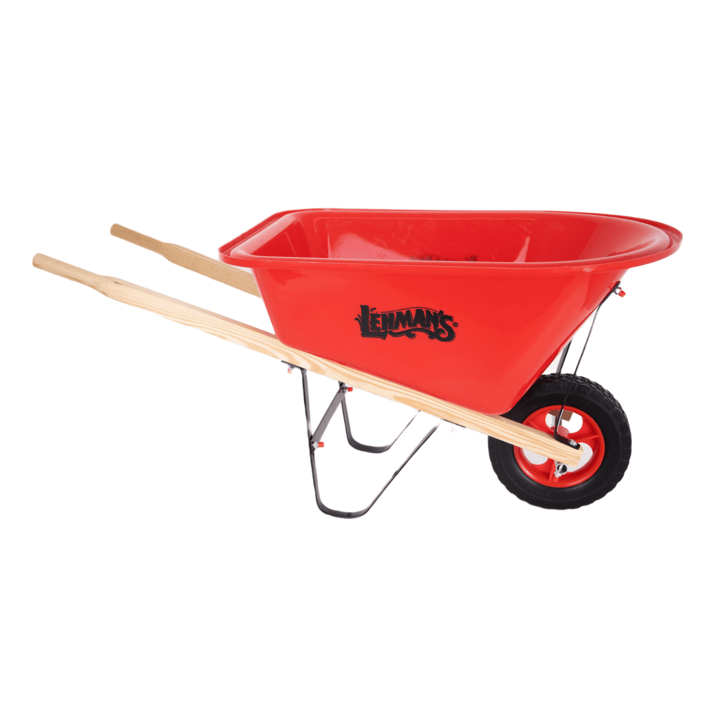 Bright red kids wheelbarrow with hardwood handles and single black tire, designed for outdoor play in farm, garden, and lawncare activities, promoting children's toys and best sellers.