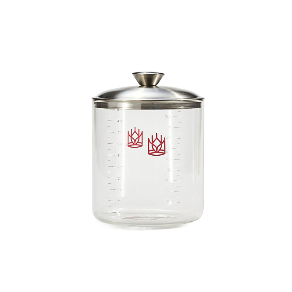 Clear borosilicate glass sourdough crock with stainless steel lid, featuring red measurement markings, designed for Kitchen & Food, Cookware, Baking Supplies, and Storage and Serving collections.