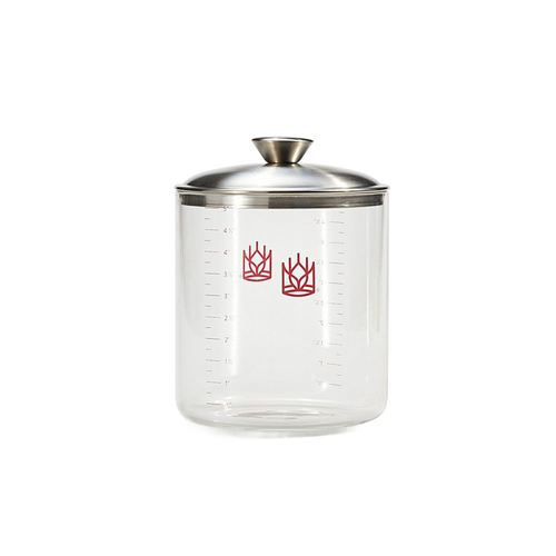 Clear borosilicate glass sourdough crock with stainless steel lid, featuring red measurement markings, designed for Kitchen & Food, Cookware, Baking Supplies, and Storage and Serving collections.