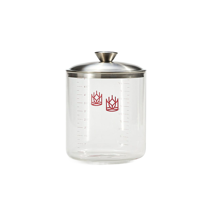 Clear borosilicate glass sourdough crock with stainless steel lid, featuring red measurement markings, designed for Kitchen & Food, Cookware, Baking Supplies, and Storage and Serving collections.