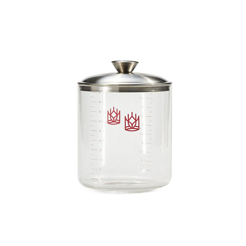 Clear borosilicate glass sourdough crock with stainless steel lid, featuring red measurement markings, designed for Kitchen & Food, Cookware, Baking Supplies, and Storage and Serving collections.