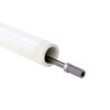 Close-up of an 8-foot section of white 1-1/4" PVC drop pipe with a 3/8" stainless steel pump rod inserting inside, handcrafted and made in USA, ideal for water pumps and pump parts collections.