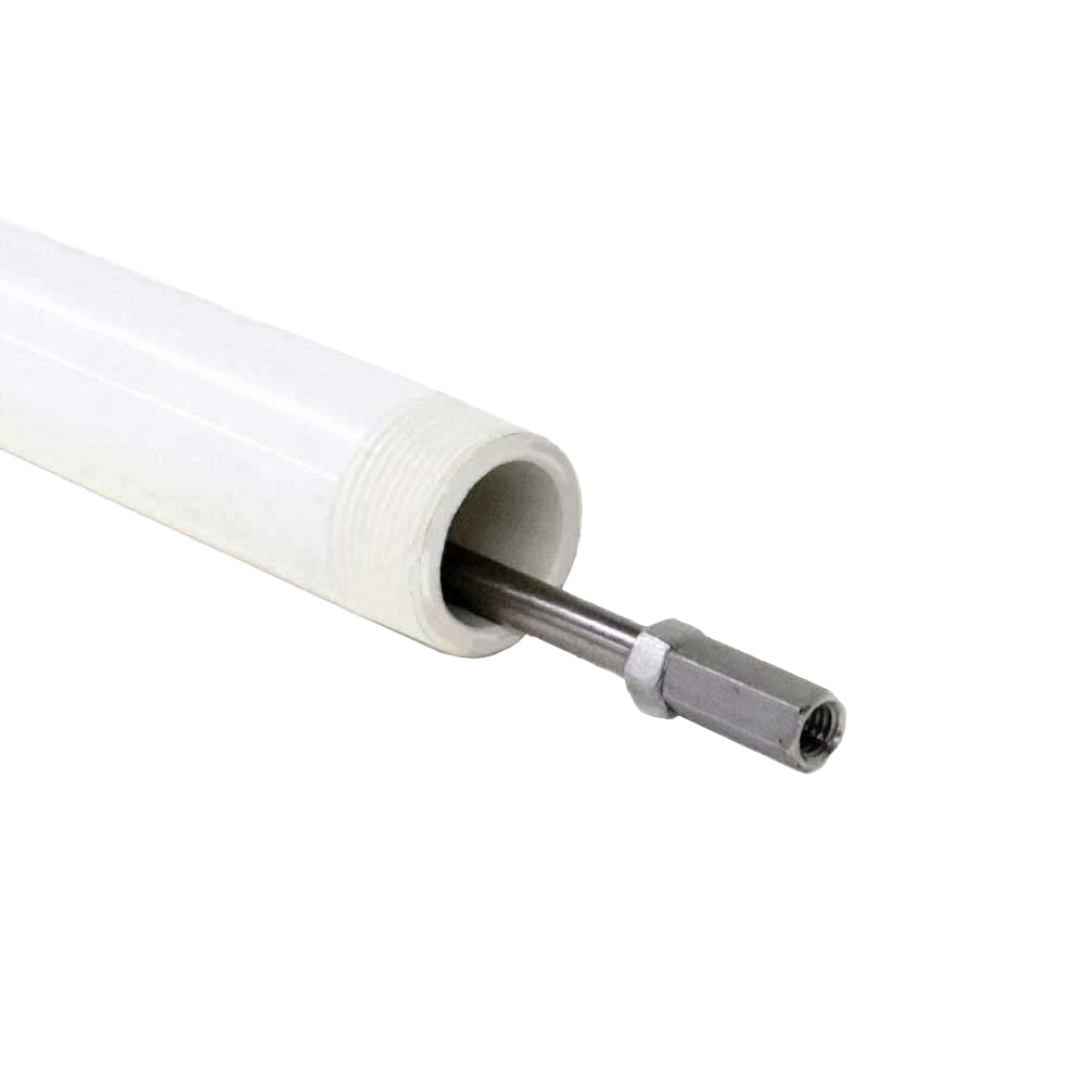 Close-up of an 8-foot section of white 1-1/4" PVC drop pipe with a 3/8" stainless steel pump rod inserting inside, handcrafted and made in USA, ideal for water pumps and pump parts collections.