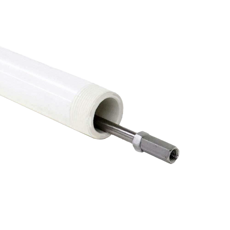 Close-up of an 8-foot section of white 1-1/4" PVC drop pipe with a 3/8" stainless steel pump rod inserting inside, handcrafted and made in USA, ideal for water pumps and pump parts collections.